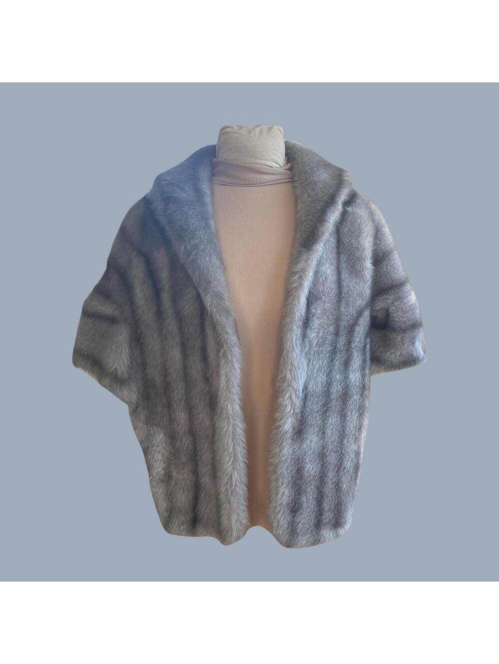 Vintage 1960s Faux Fur Shawl: Grey Evening Cape Sears Brocade Lined